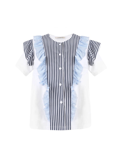 Autumn Colour Block Ruffled Short Sleeve Top