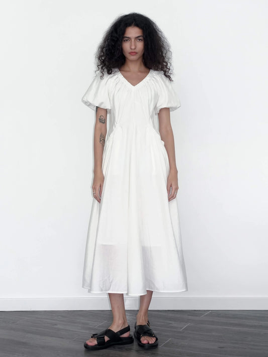 Ama DR - V-Neck Pleated Puff Sleeve Dress - Made from Lyocell