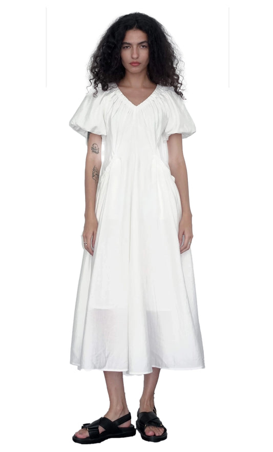 Ama DR - V-Neck Pleated Puff Sleeve Dress - Made from Lyocell