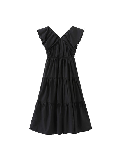 Kucho Black V-Neck Ruched Tiered Dress - 50% Lyocell, 50% Cotton