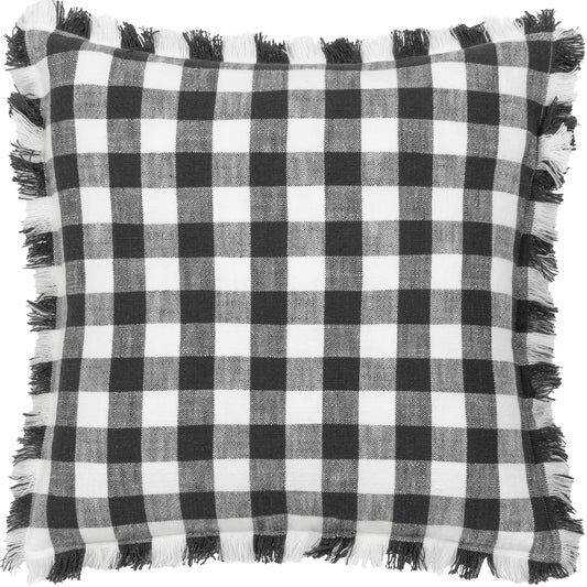 Bion Barton Check Fringed Cushion Black - 100% Cotton - Feather Filled - Made In England