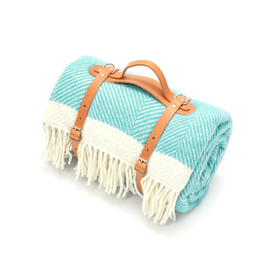 Bearnice - Turquoise Herringbone Wool Picnic Blanket - Made In England - 100% Wool