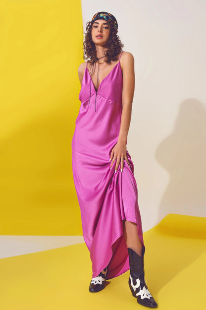 Pink Satin Maxi Dress with Spaghetti Straps - Made in Italy