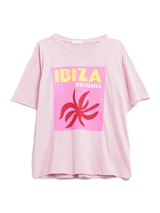 Kucho Pink Ibiza Bohemia Relaxed T-Shirt with Pink Print - 100% Cotton - Made In Italy