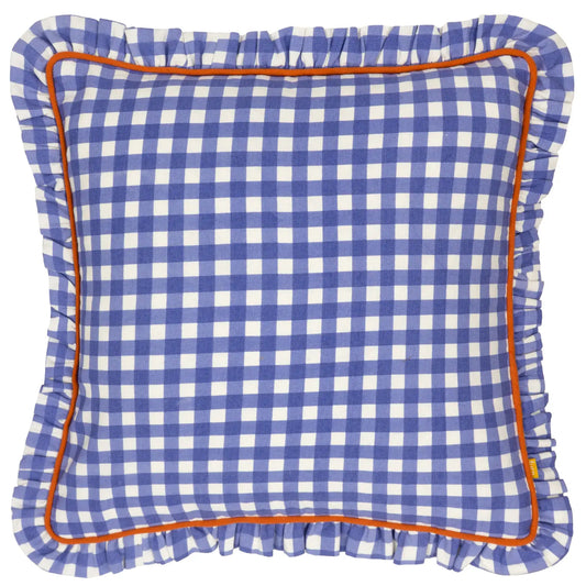 Cluny Blue Gingham Piped Cushion - 100% cotton - Feather Filled - Made in England