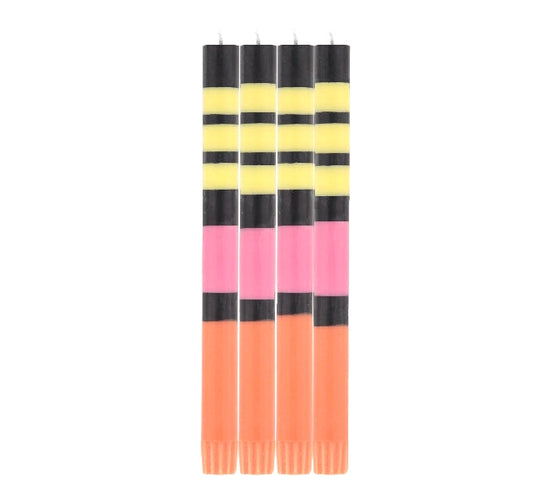 Black & Orange / Yellow / Pink Striped Eco Dinner Candles - 4 Pack