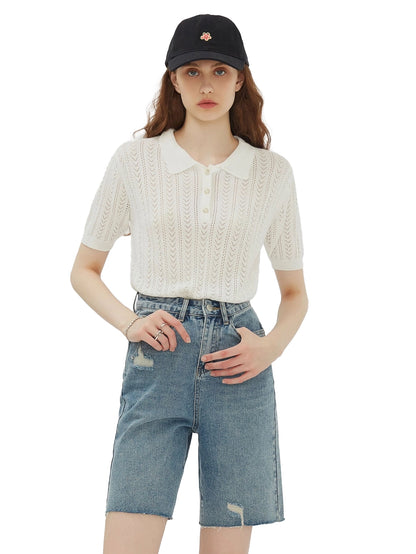 Beaumont - Polo Collar Short Sleeve Knit Top - 100% Rayon