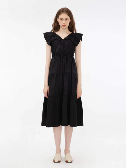 Kucho Black V-Neck Ruched Tiered Dress - 50% Lyocell, 50% Cotton