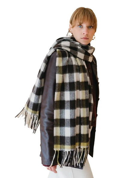 Kucho Black Pure Lambswool Blanket Scarf in Monochrome Gingham - Made in Mongolia