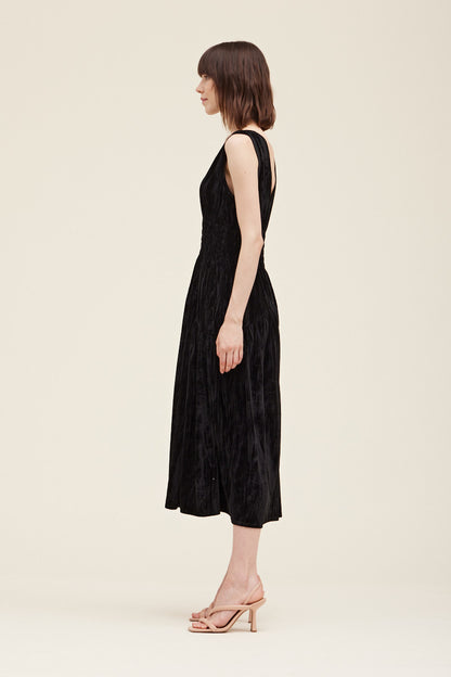 Kucho Black Crushed Velvet Smocked Waist Dress