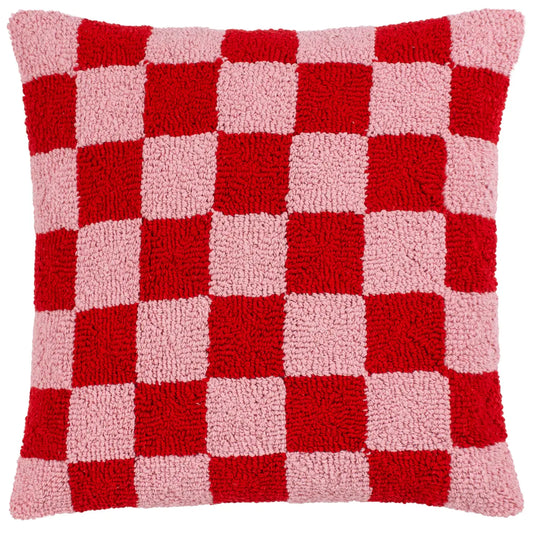 Kucho Red / Pink Check Knitted Cushion - Made In England