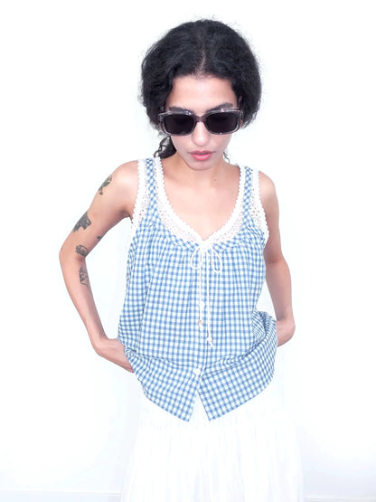 Canel Lace Patchwork Checked Tank Top