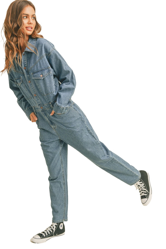 BOW Washed Denim Utility Jumpsuit