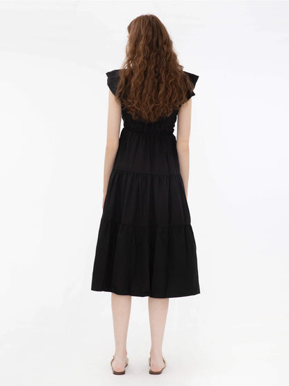 Kucho Black V-Neck Ruched Tiered Dress - 50% Lyocell, 50% Cotton