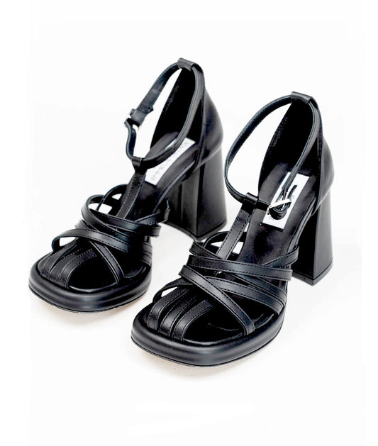 Kucho Black Deca - Ari Block Heel Multi-Strap Sandal - Made In Ukraine - Recycled Vegan Leather