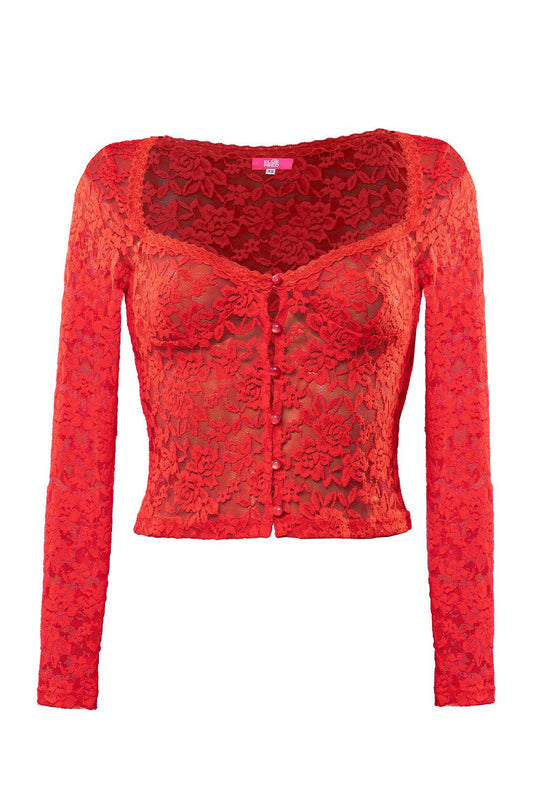 Kucho Red Sonja Lace Sheer Long Sleeve Button Top - Made In England - Cotton