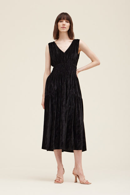 Kucho Black Crushed Velvet Smocked Waist Dress