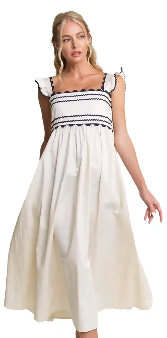 Kucho Black Waffle Trim / Ivory Contrast Detail Maxi Dress - 100% Cotton