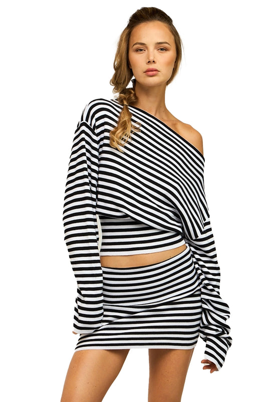 Black Abigail Stripe Oversized Sleeve Top & Fit-in Mini Skirt - 100%VISCOSE