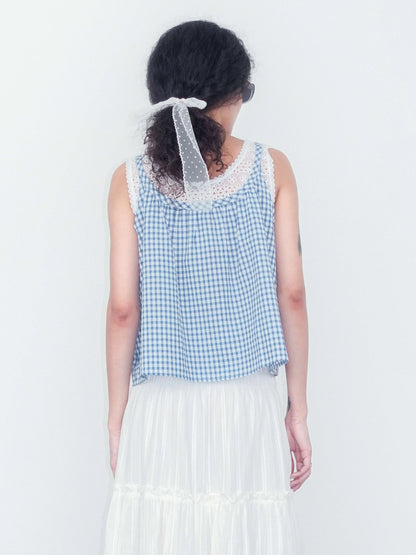 Canel Lace Patchwork Checked Tank Top