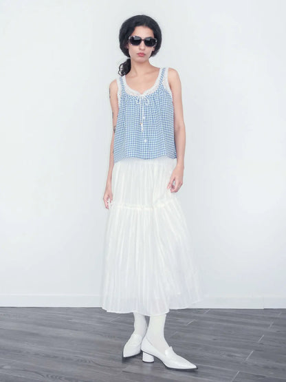 Canel Lace Patchwork Checked Tank Top