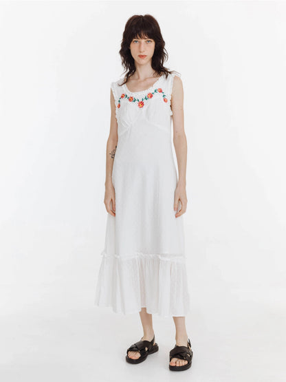 Clus Frida Floral Embroidered Sleeveless Maxi Dress - 100% Cotton