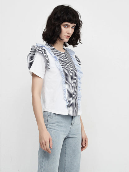 Autumn Colour Block Ruffled Short Sleeve Top