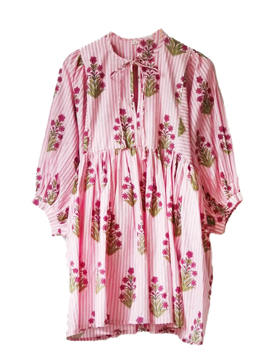 Kucho Pastel Pink - Arabahya Short Floral Print Stripe Kyra Mini Dress - 100% Cotton