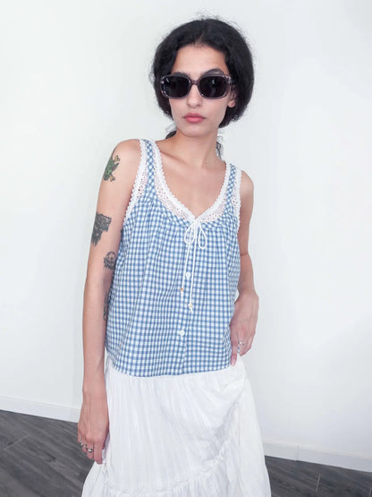 Canel Lace Patchwork Checked Tank Top