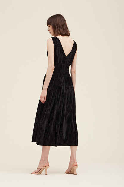 Kucho Black Crushed Velvet Smocked Waist Dress