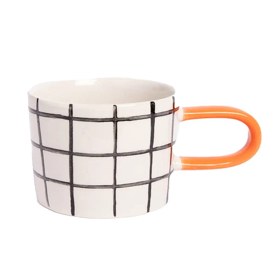 Kucho Black / White Orange Handle Mono Grid Mug