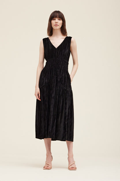 Kucho Black Crushed Velvet Smocked Waist Dress