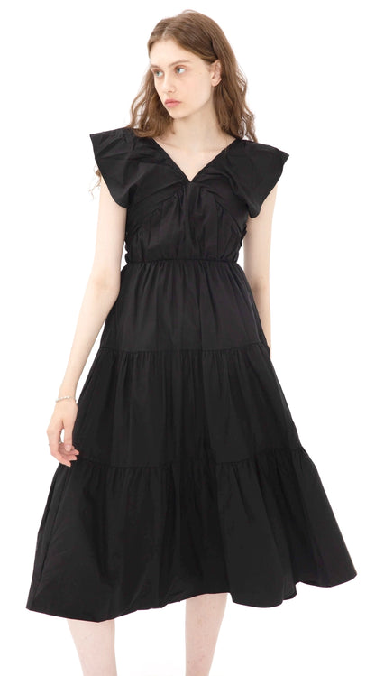 Kucho Black V-Neck Ruched Tiered Dress - 50% Lyocell, 50% Cotton