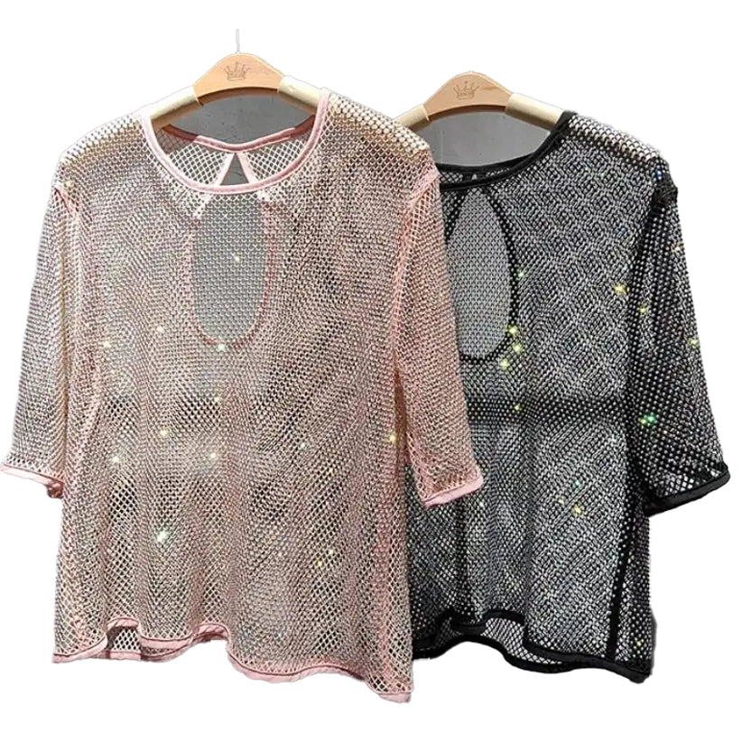 Kucho Black / Pink Mesh sparkle Party Top