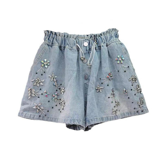 Zurina Denim Crystal Emblazed Loose Shorts