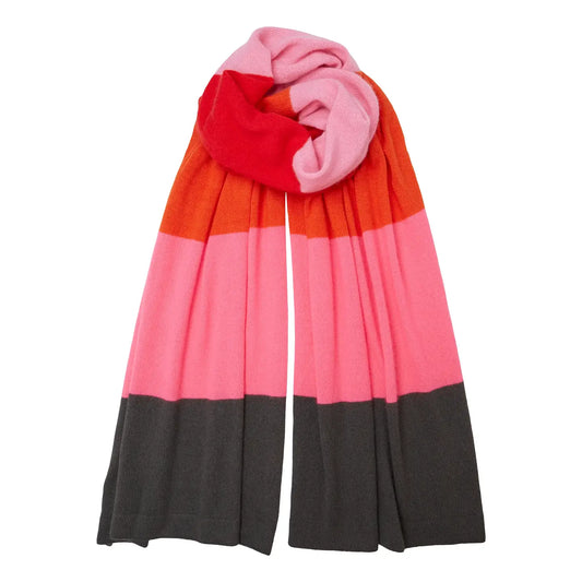 Kucho Red Orange And Pink Colour Block Knitted Cashmere Scarf -Made In Englannd