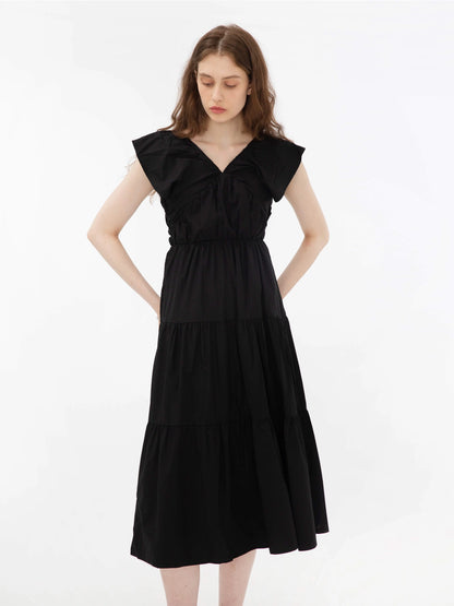 Kucho Black V-Neck Ruched Tiered Dress - 50% Lyocell, 50% Cotton