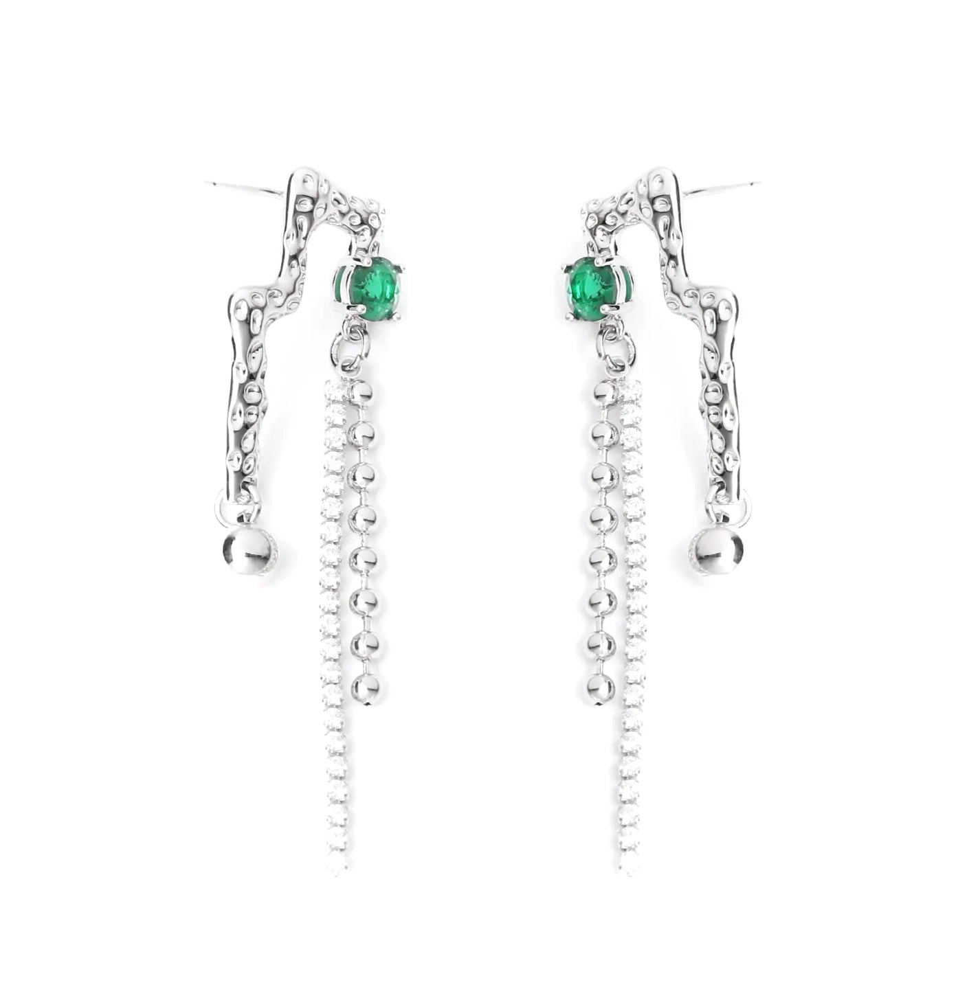 Zyad Green Stone and Silver Tassel Drop Earrings