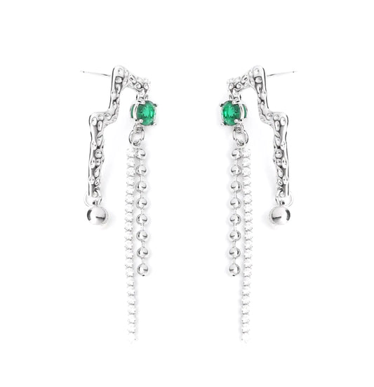 Zyad Green Stone and Silver Tassel Drop Earrings