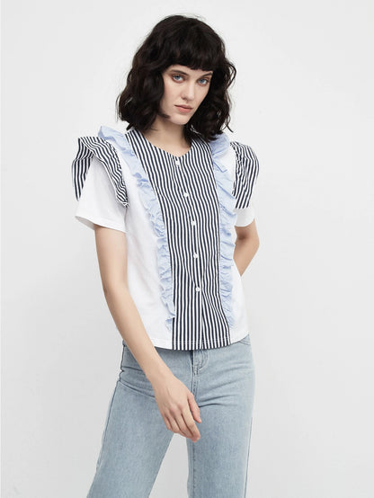 Autumn Colour Block Ruffled Short Sleeve Top