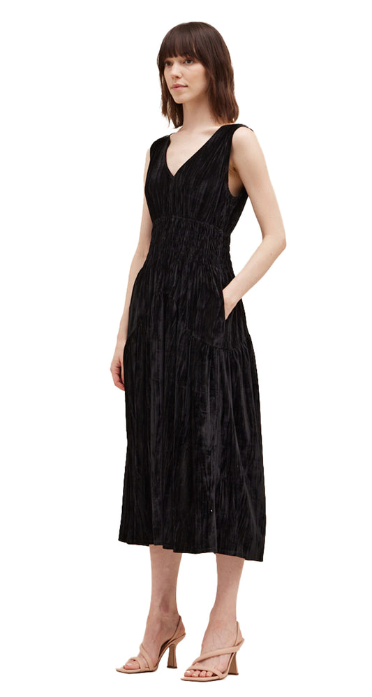 Kucho Black Crushed Velvet Smocked Waist Dress