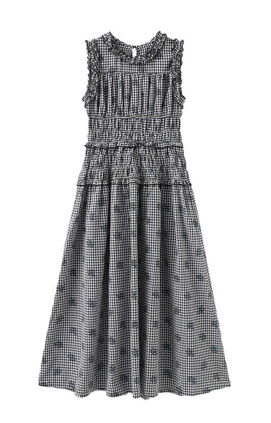 Anjajam Black and White Check Floral Sleeveless Dress - Cotton