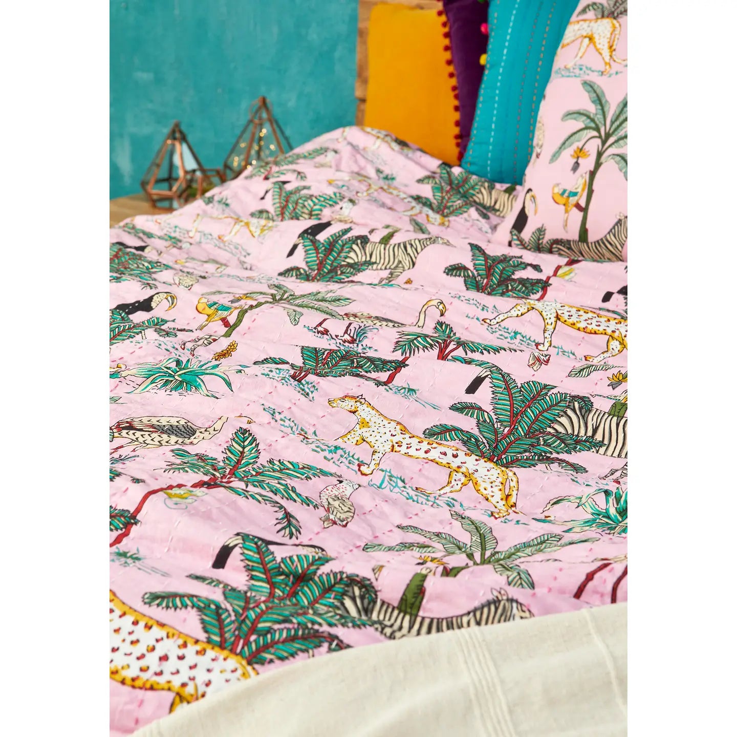 Allair - Quilted Jungle Kantha Bed Throw - Pink - 100% Cotton - Made In India