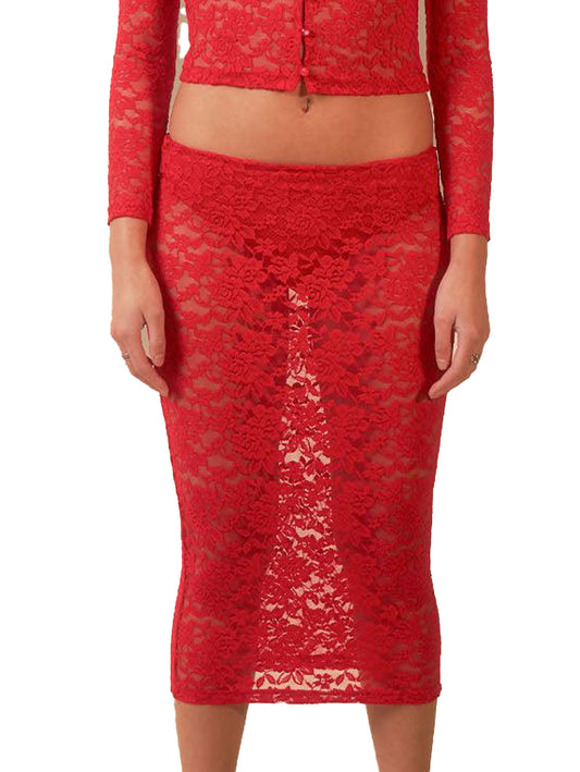 Kucho Red Sonja Lace Sheer Midi Skirt