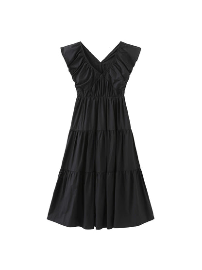 Kucho Black V-Neck Ruched Tiered Dress - 50% Lyocell, 50% Cotton