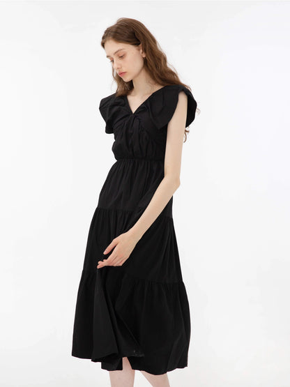 Kucho Black V-Neck Ruched Tiered Dress - 50% Lyocell, 50% Cotton