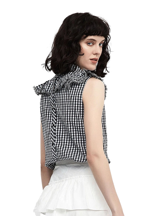 Kucho Black Q Gingham Frill Sleeveless Shirt - 100% Cotton