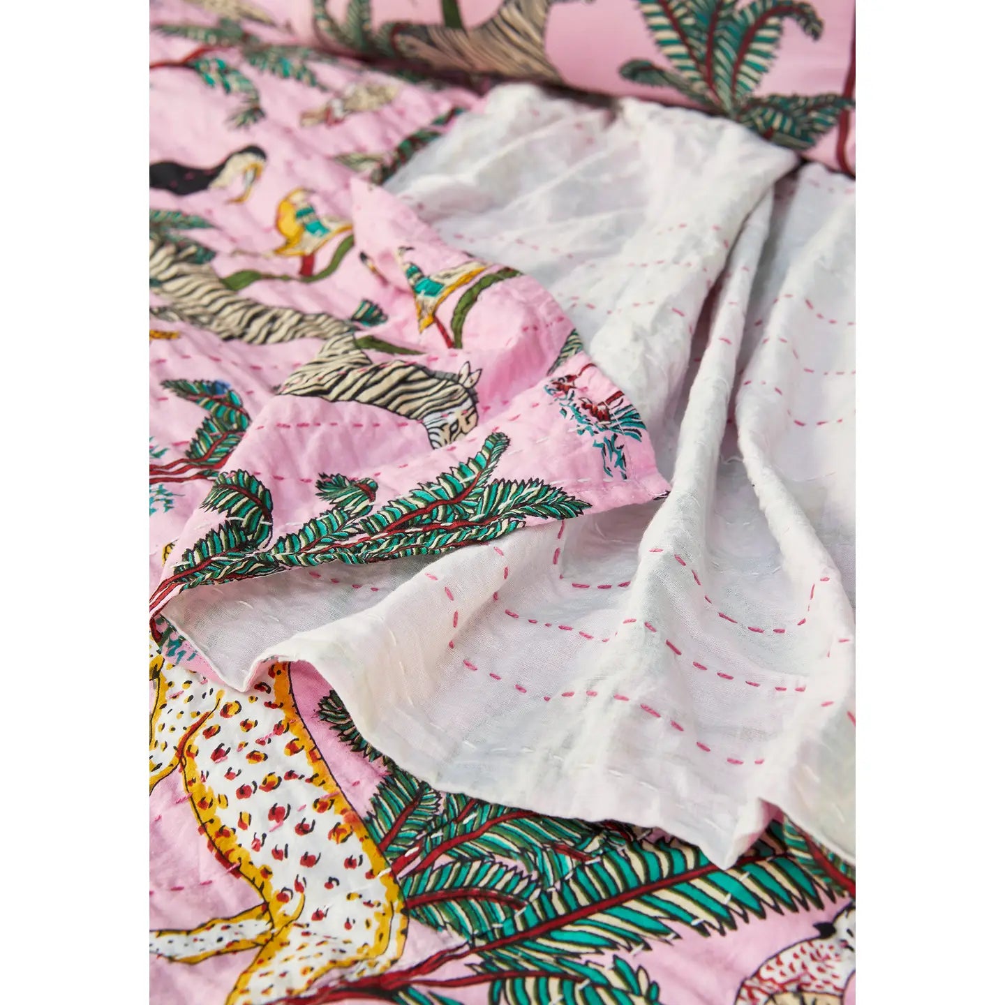 Allair - Quilted Jungle Kantha Bed Throw - Pink - 100% Cotton - Made In India