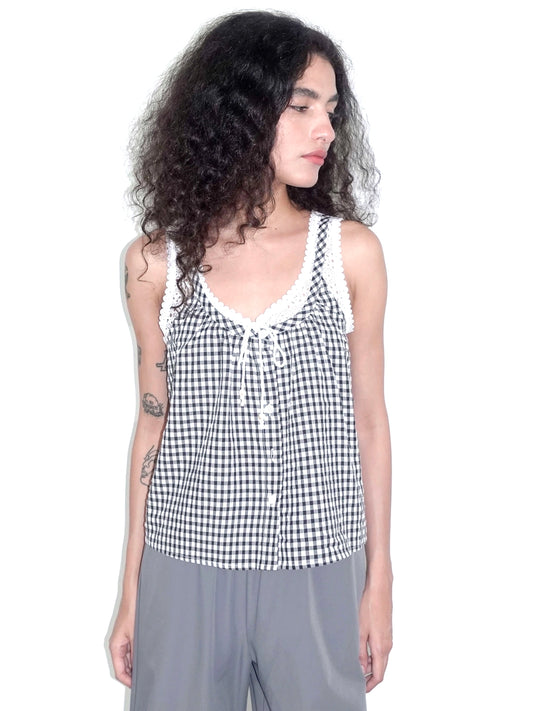 Kucho Black V Gingham Top - Cotton Blend