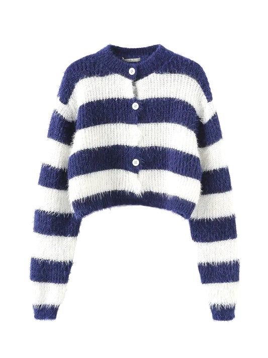 BELM - Striped Mock Neck Fluffy Cardigan